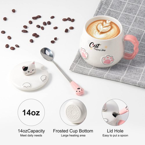 Bgbg Cute Cat Mug, Novelty Ceramic Coffee Tea Milk Cup with Lovely Kitty Lid, Kawaii Claw Spoon, Anime Coaster, Novelty Things Birthday Christmas Gift for Cat Lovers Women Her, 14 oz, White