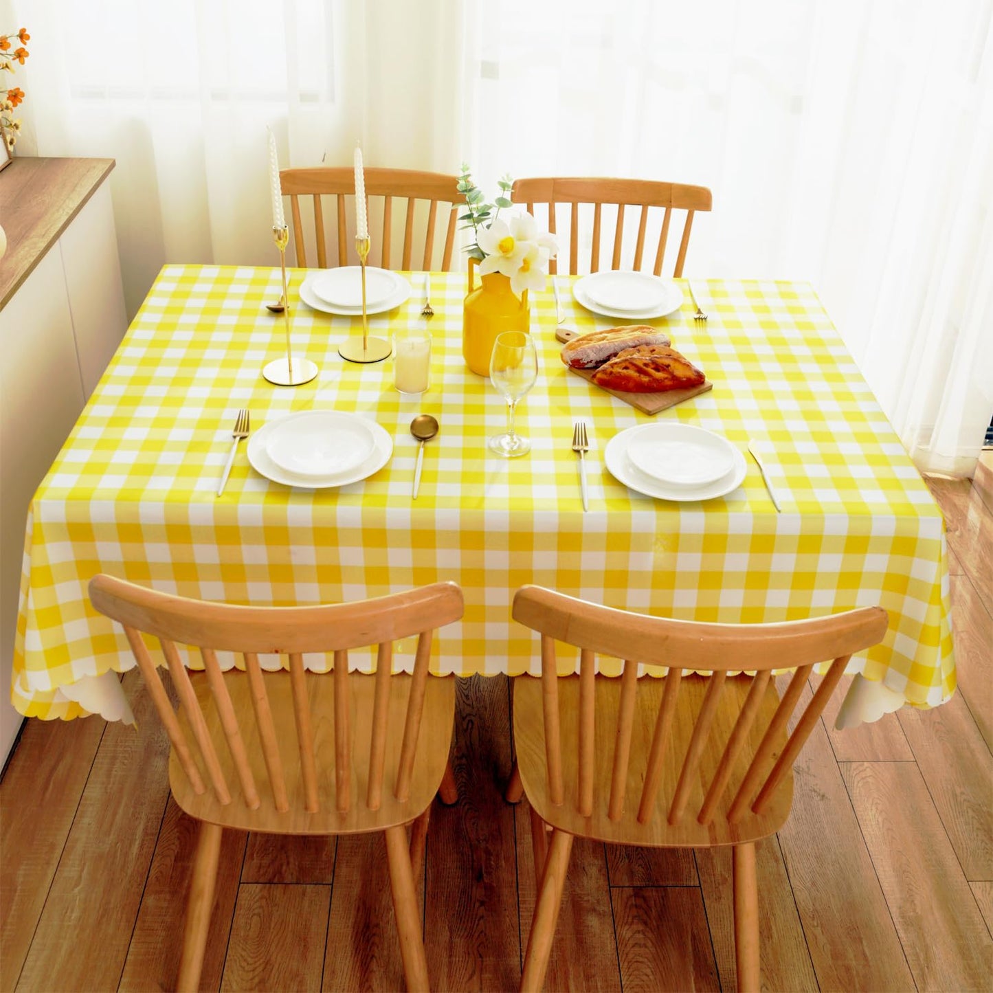 MANGATA CASA 2PCS Yellow Gingham Tablecloth for Rectangle Tables-Checkered Table Cloth Waterproof Kitchen & Table Linens-Polyester Buffalo Plaid Wrinkle Free Table Cover(Light Yellow 60x84in)
