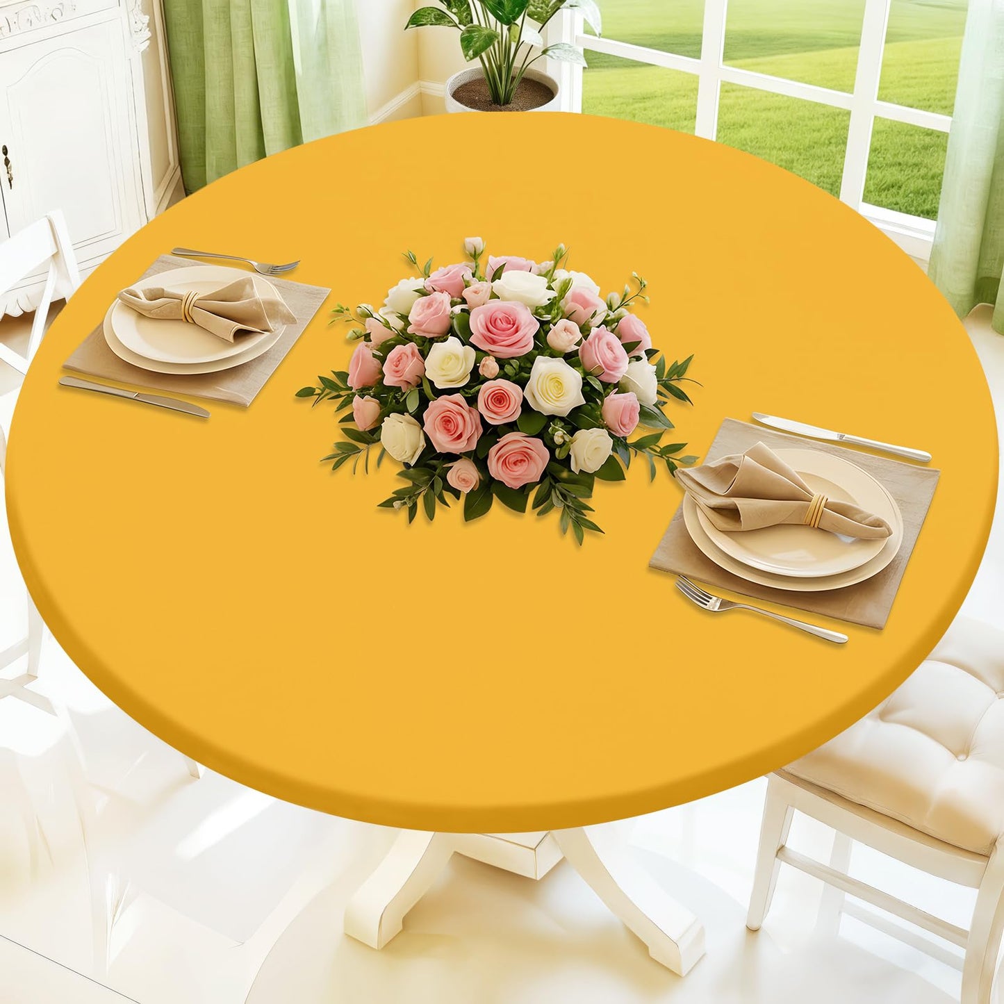 Moosfor Round Spandex Tablecloth, Elastic Fitted Waterproof Tablecloths for 57"-68" Tables, Stretch Washable Picnic Table Cover for Camping, Dining, Indoor and Outdoor, Mustard Yellow