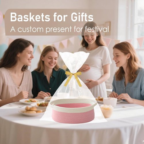 JMvicyroam Woven Basket - Small Rope Storage Bin with Handles | Organizer for Shelves & Closets - White & Pink (3 Pack)
