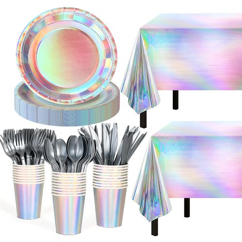 Iridescent Party Decorations,132 Pcs Disposable Iridescent Party Plates Cups Knives Spoons Forks for Party Supplies Birthday Wedding Outdoor Picnic,Disposable Plastic Tablecloths for Home Dinner Decor