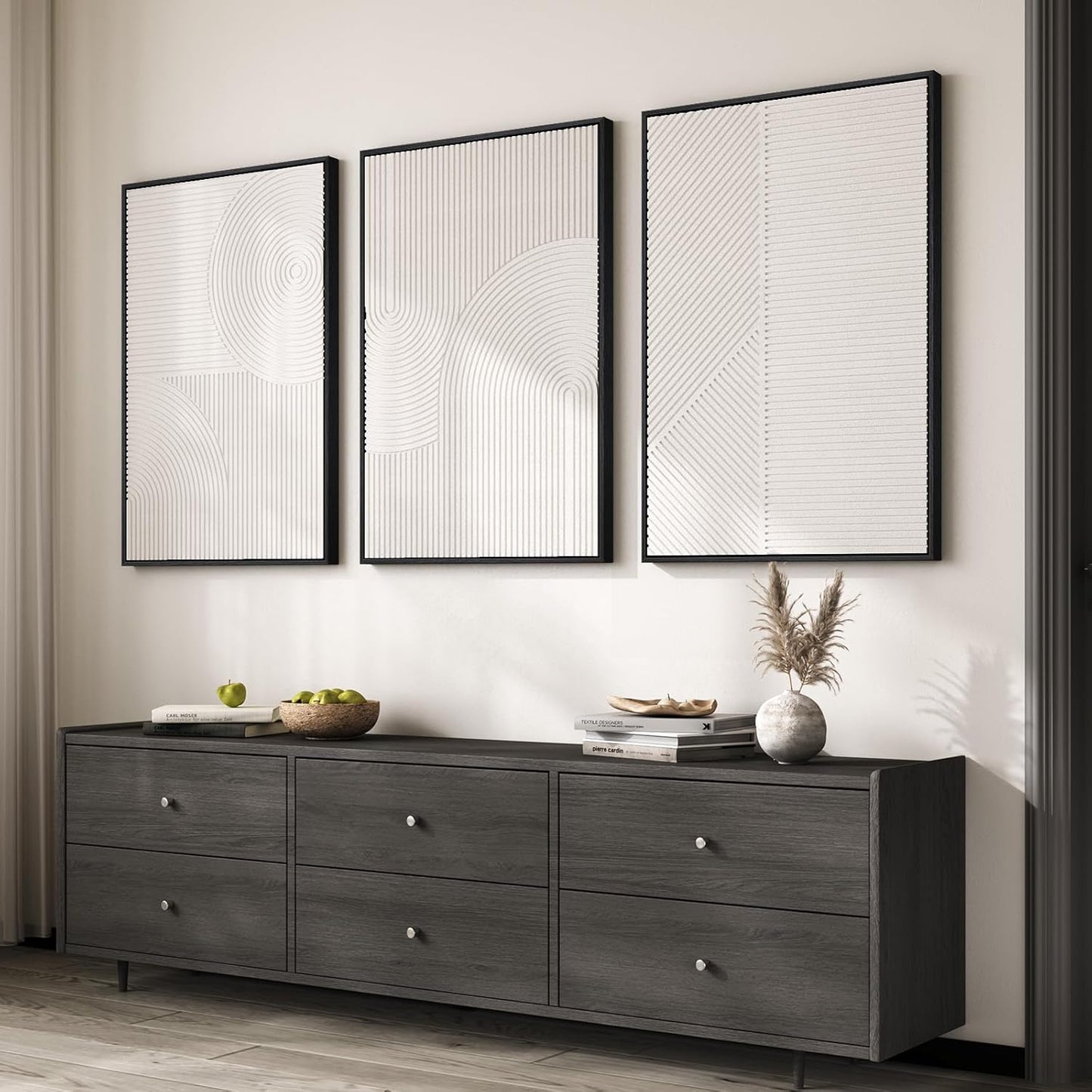 Large Framed 3D Textured Abstract Wall Art - Modern White Geometric Decor | 3-Piece Set for Living Room, Bedroom, Office (24x36 In)