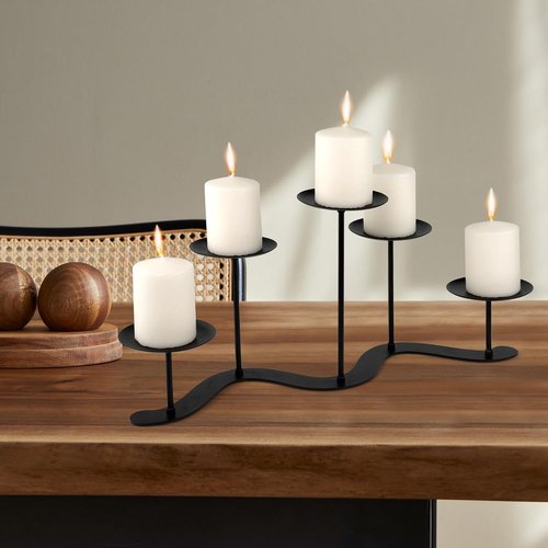 Black Iron Candelabra | 5 Arm Candle Holder Stand - Elegant Metal Centerpiece for Pillar Candles