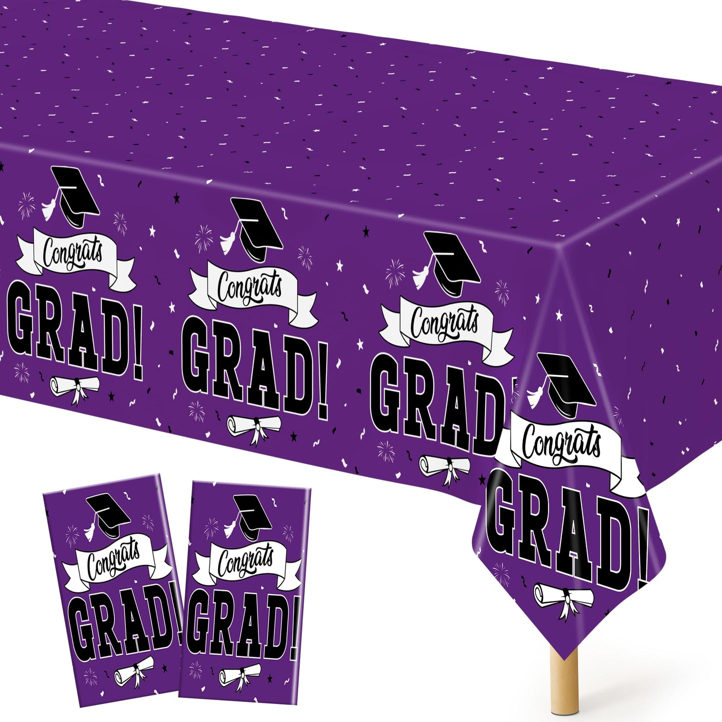 QZYL 2 Pcs Graduation Tablecloth, 108" X 54" Plastic Graduation Decorations 2026, Rectangle Purple Table Cloths for Grad Decor Party Supplies, Disposable Tablecover for Class of 2026 Congrats Grad