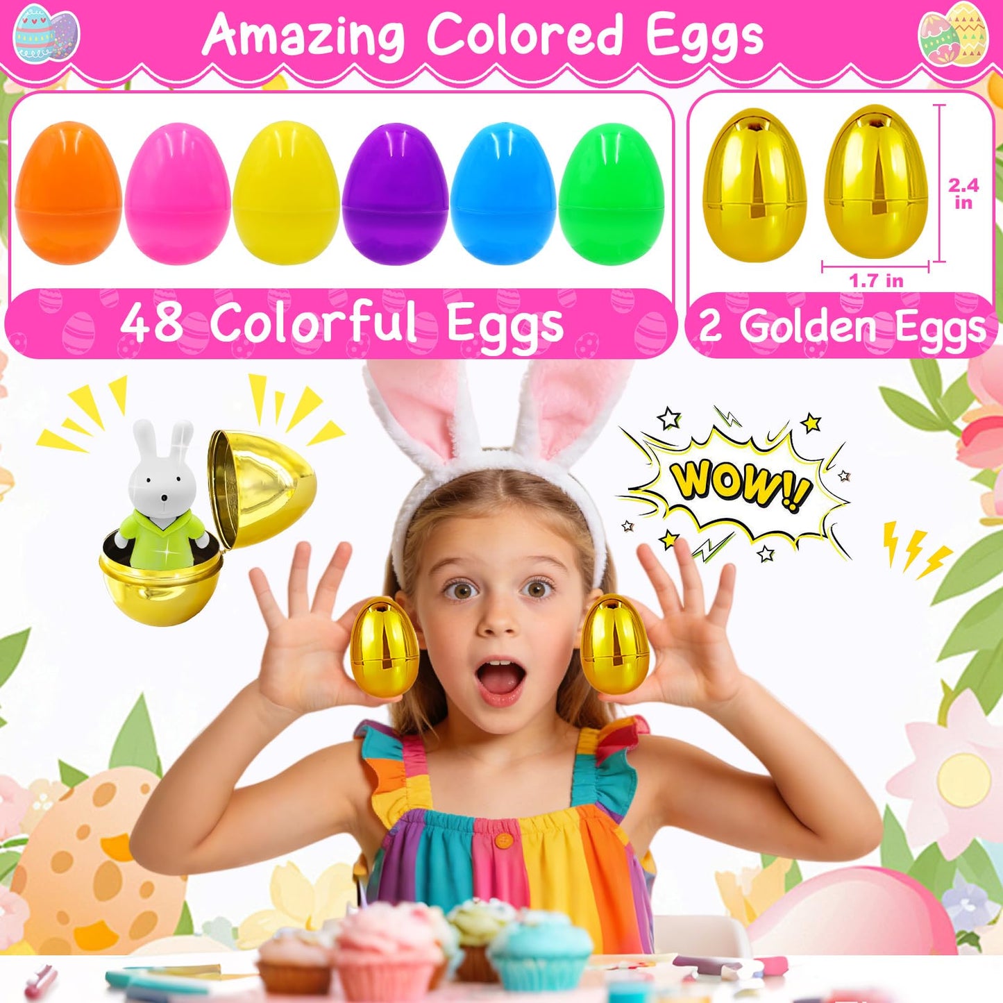 ZICZLI 50 Pack Prefilled Easter Eggs with Assorted Toys Inside Surprise Golden Eggs, Easter Egg Hunt Supplies and Basket Stuffers, Bulk Easter Party Favors Gifts for Kids Boys Girls Toddlers