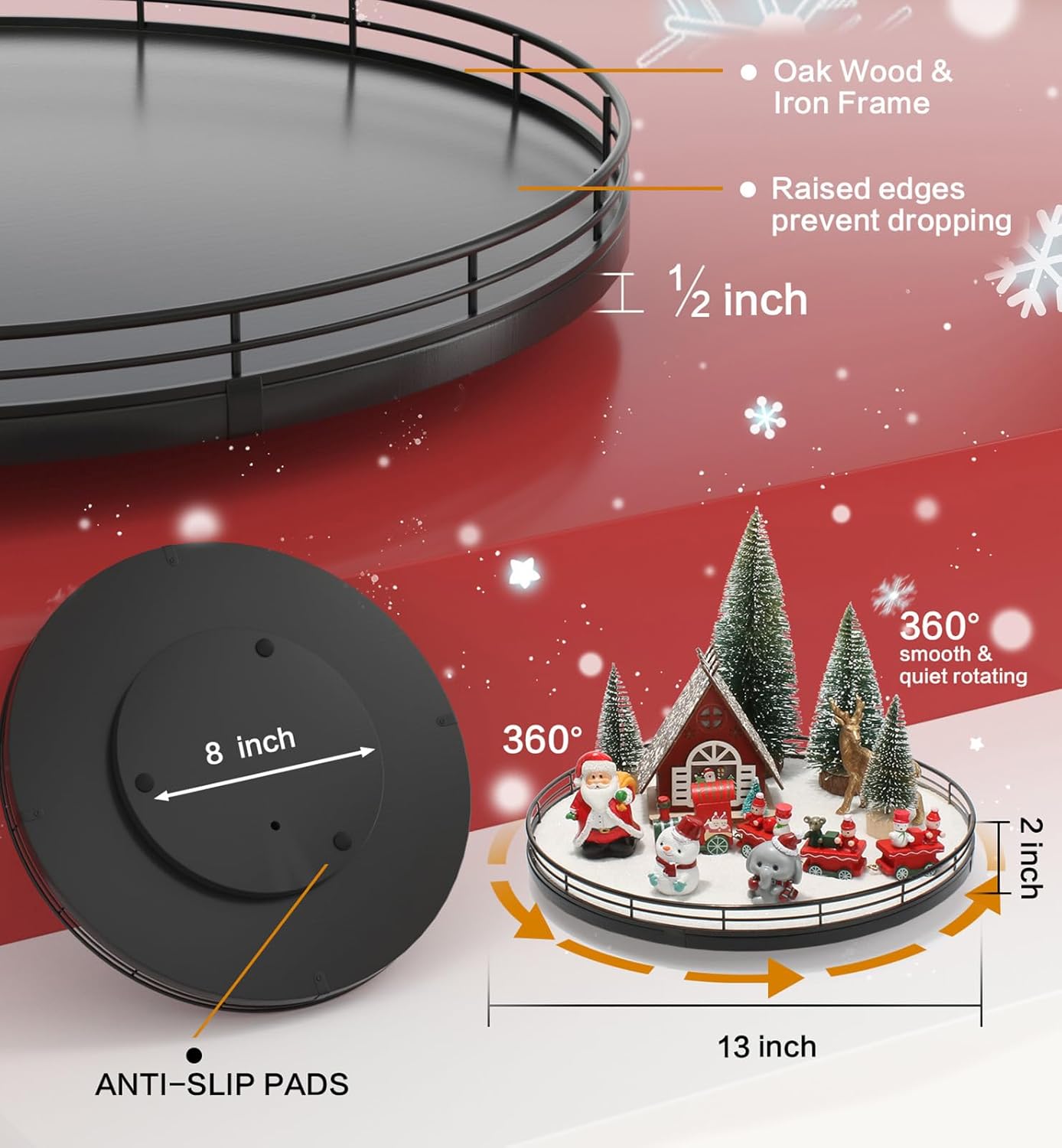 Oroyutor Christmas Village Set - 12 Pcs 13" Oak Wooden Lazy Susan with Santa Train & Trees | Holiday Decor