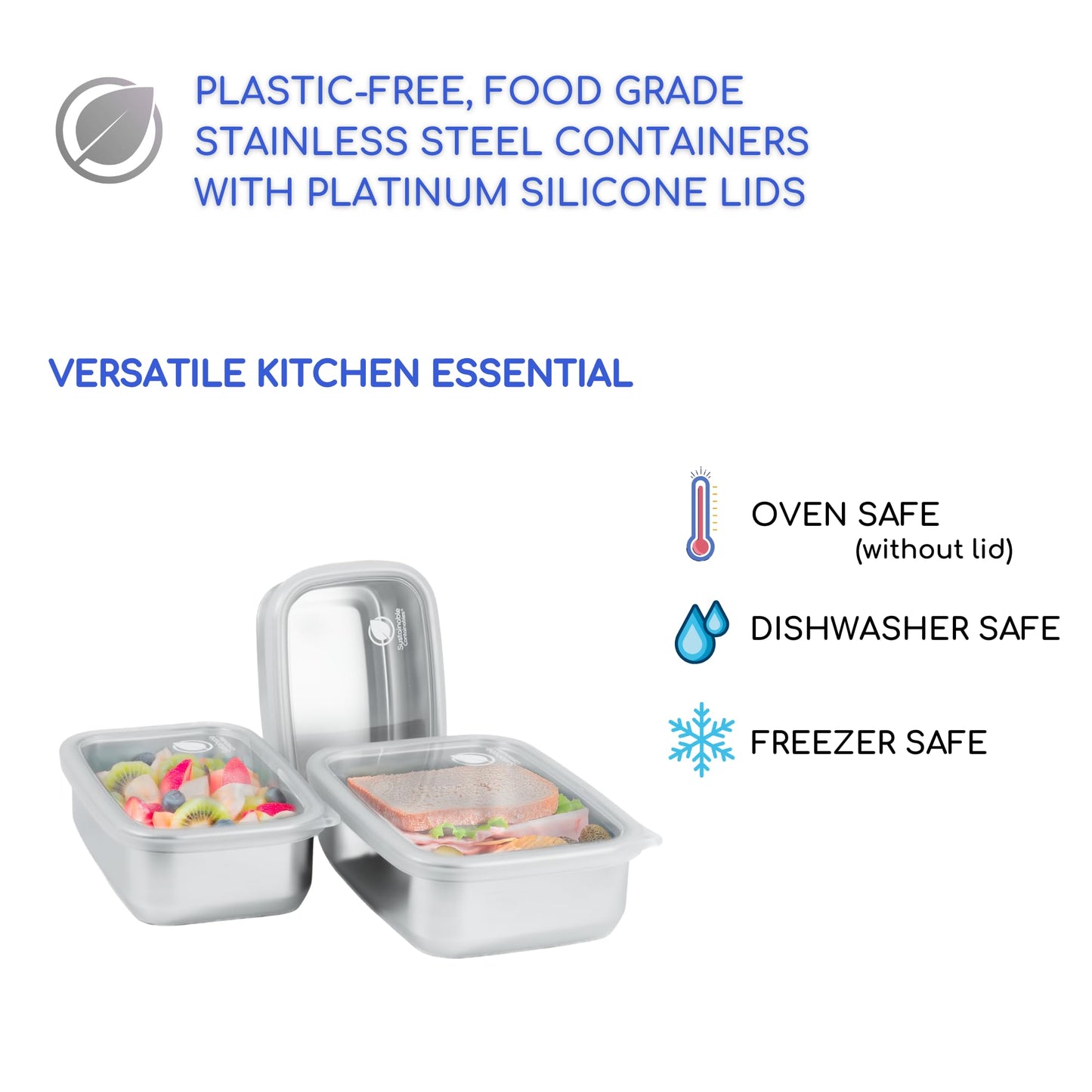 Sustainable Containables Stainless Steel Food Storage Containers with Clear Platinum Silicone Lids, Airtight, Leakproof 18/8 (304) Food Grade SS Nested 3Pk 20/30/40 oz Plastic-Free