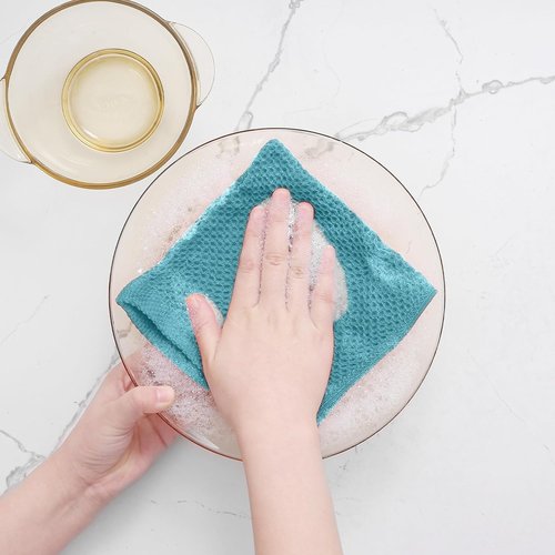 Homaxy Kitchen Dish Cloths - Ultra Soft 100% Cotton Waffle Weave, Quick Drying, 12 x 12 Inches, 6-Pack, Lake Blue
