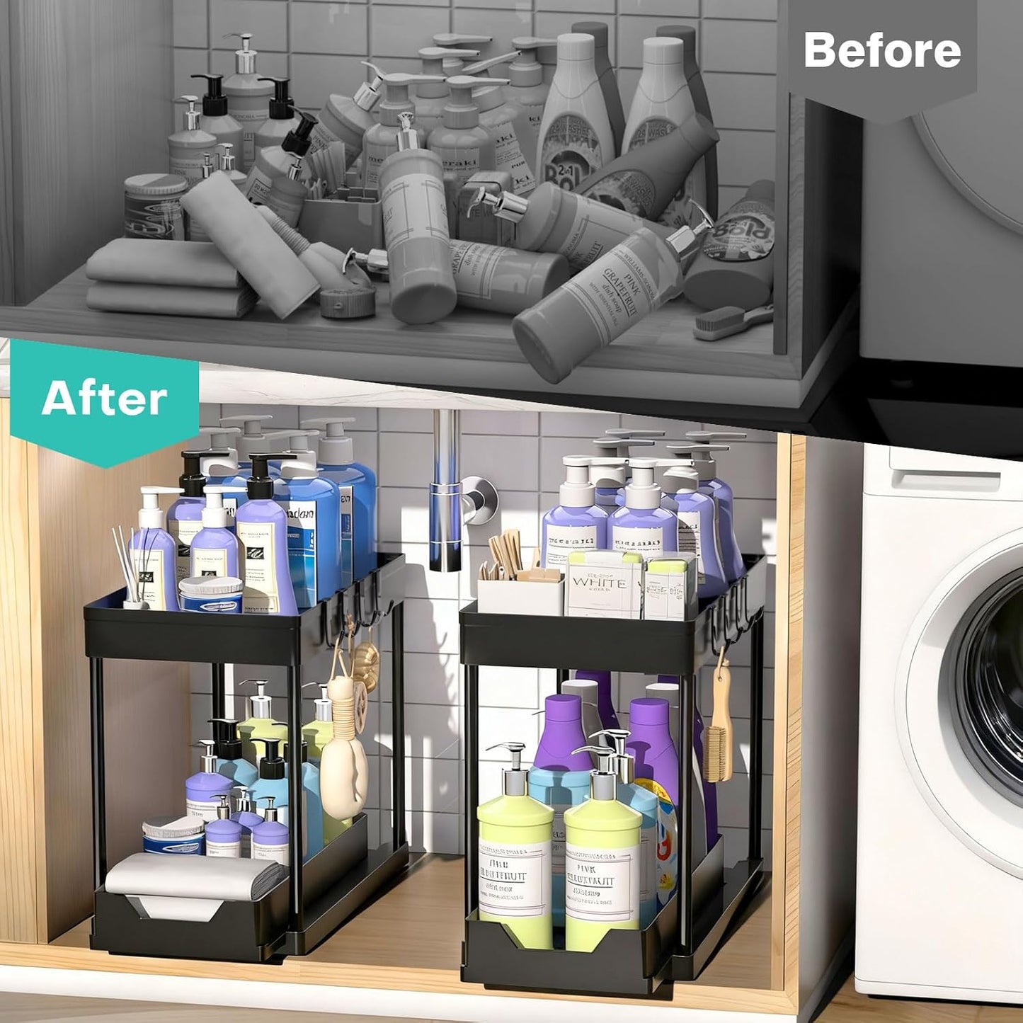 Under Sink Organizers by [Brand Name] - 2-Pack Pull-Out Sliding Cabinet Storage with 2-Tier Shelf & 4 Hooks | Multi-Purpose for Kitchen & Bathroom (13 Inch, Black)