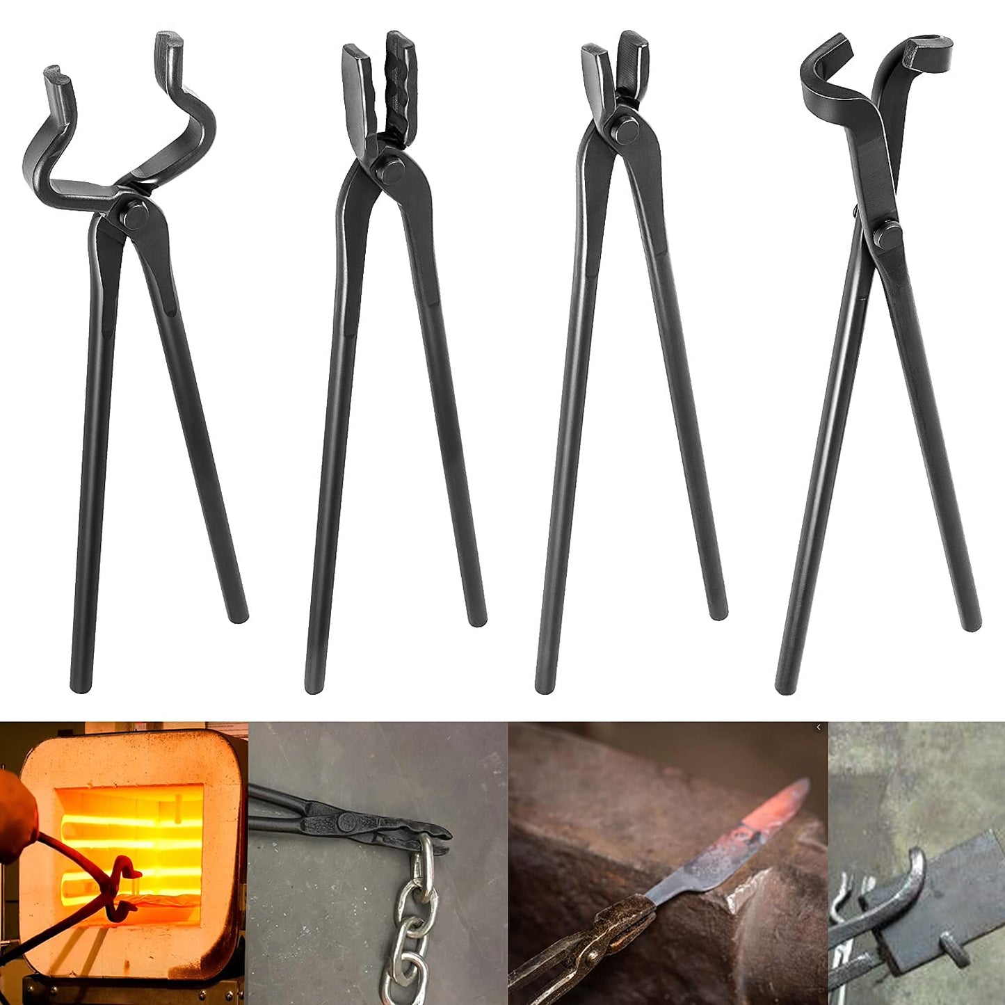 Blacksmith Forging Tools Knife Making Tongs Set Fire Tongs Anvil Blacksmithing Tongs Forge Tools Includes V-Bit Bolt Tongs, Wolf Jaw Tongs, Flat Tongs, Blade Tongs (Pack of 4)
