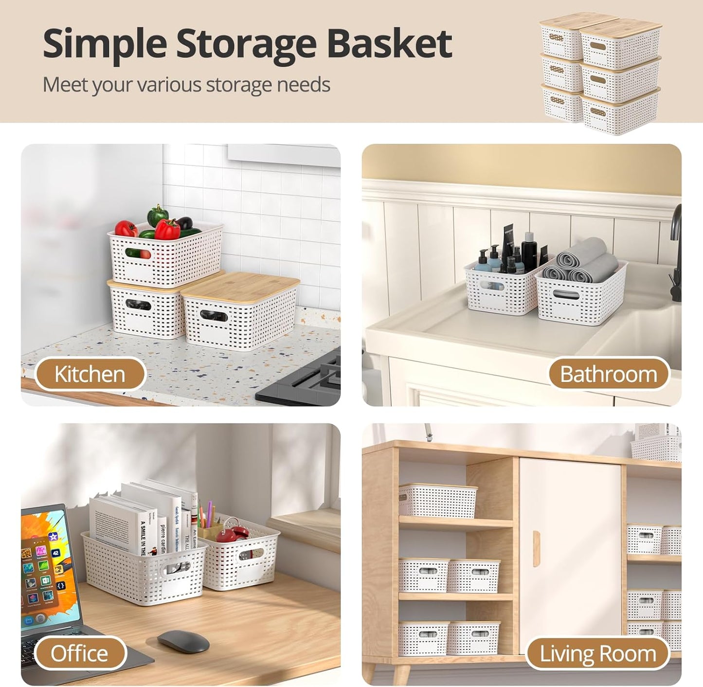 Plastic Storage Baskets - Stackable Organizing Bins with Bamboo Lids | 6-Pack, 10.2x7.2x4.1 Inch, White