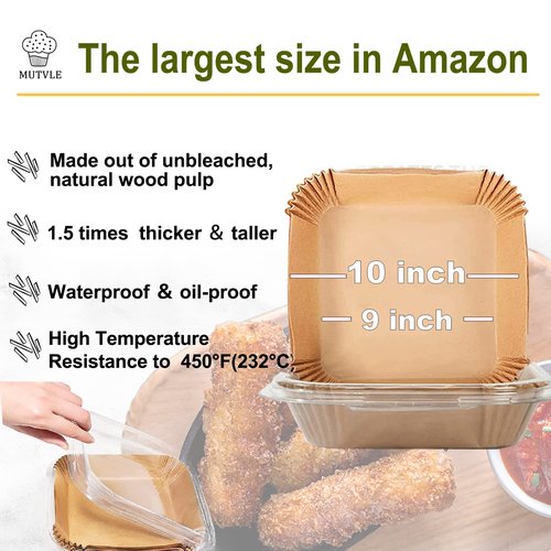 10 Inch Largest Square Air Fryer Disposable Paper Liner, XXL 100Pcs Air Fryer Parchment Liners for 8QT or Bigger Air Fryer, Non-stick, Food Grade Baking Paper for Frying, Roasting and Microwave