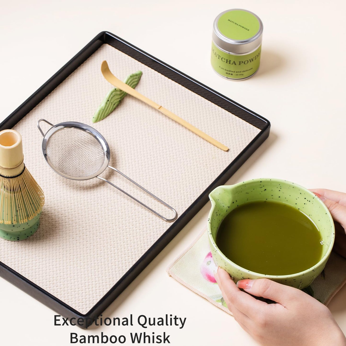 Matcha Set, Matcha Whisk and Holder, Bamboo Matcha Scoop and Stainless Steel Sifter - 7Pcs Gradient Green Matcha Kit for Matcha Lover