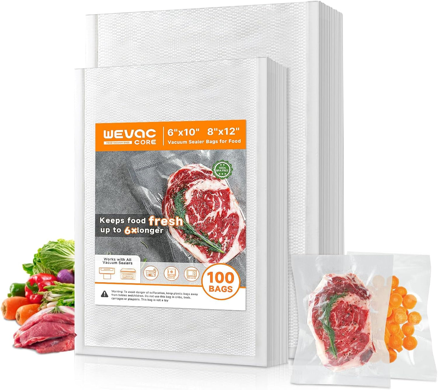 Wevac Vacuum Sealer Bags - Heavy-Duty BPA-Free Food Storage | 100 Count (6"×10" & 8"×12")