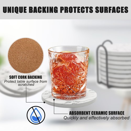 AEE FIRSONE Ceramic Coaster Set of 8, 4 Inch Drink Coasters with Holder, Absorbent Drink Coasters for Dining Table, Round Coasters Set for Drinks, Cup Coaster for Home Decor, Housewarming Gift