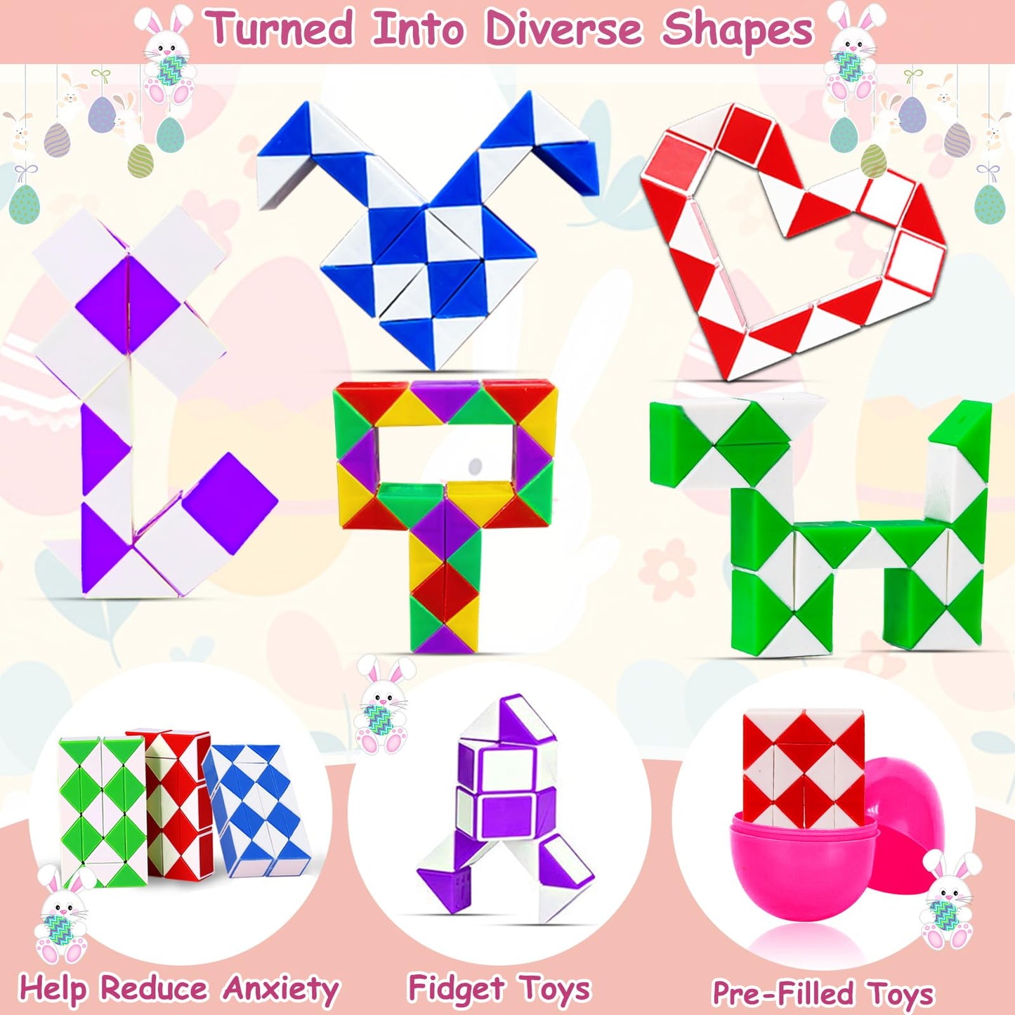 12 Pack Filled Easter Eggs with Snake Cubes Twist Puzzle Toys, Easter Basket Stuffers Fillers Gifts Stress Relief Fidget Toys for Teens Kids Basket Essential Egg Hunt Party Favor Classroom Reward