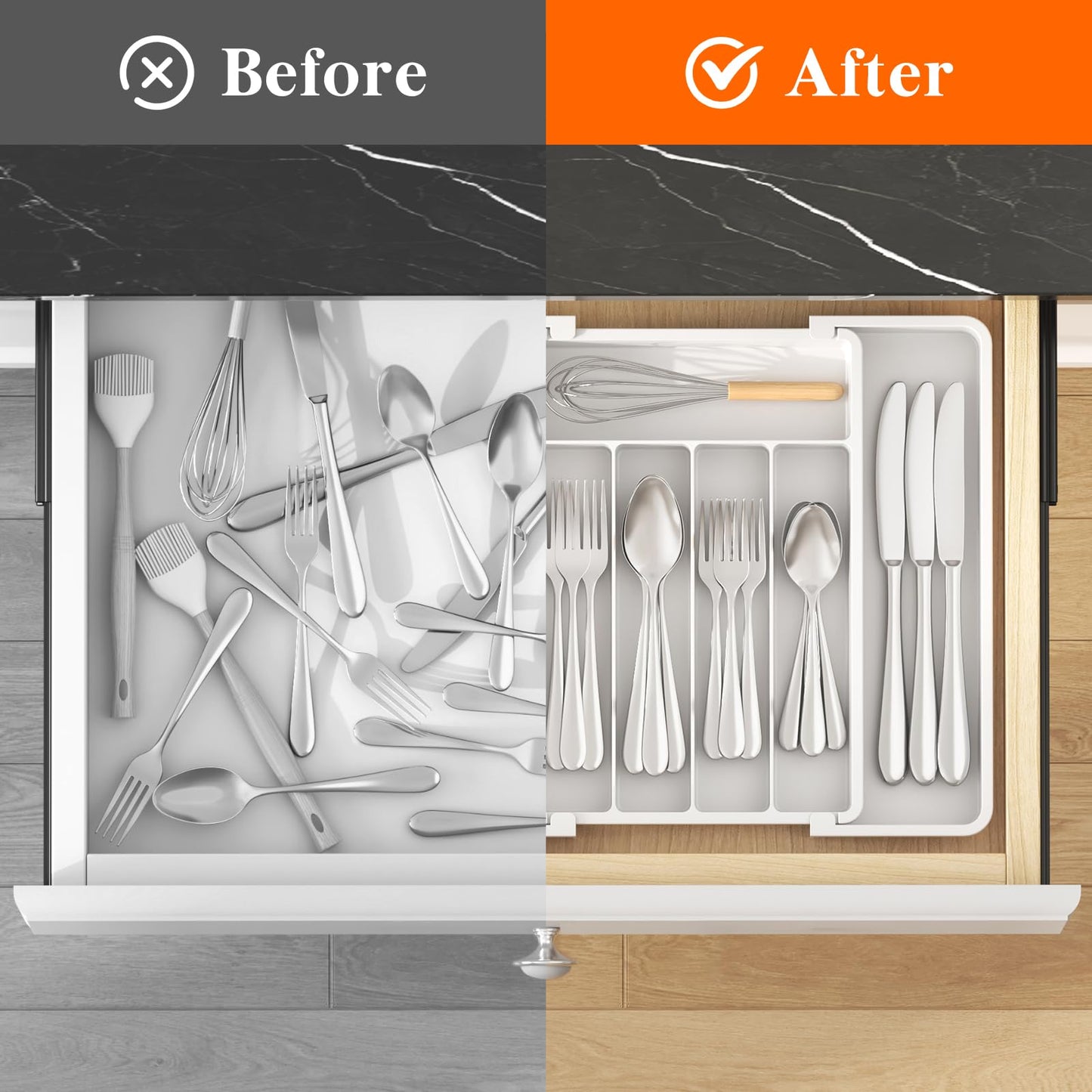 Lifewit Silverware Drawer Organizer, Expandable Utensil Tray for Kitchen, BPA Free Flatware and Cutlery Holder, Adjustable Plastic Storage for Spoons Forks Knives, 8.5-14 x 12", White