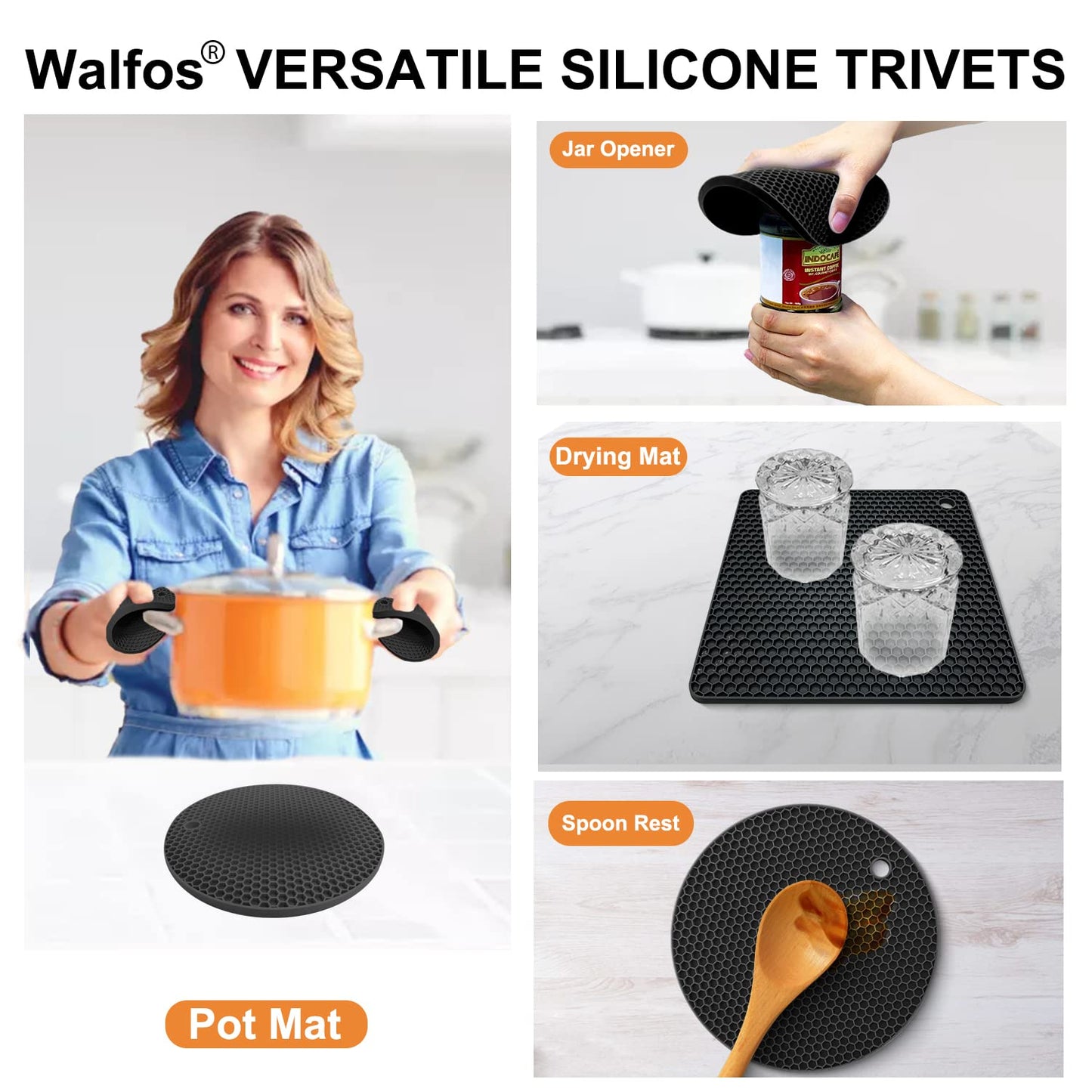 Walfos Silicone Trivet Mats - 4 Heat Resistant Pot Holders, Multipurpose Non-Slip Hot Pads for Kitchen Potholders, Hot Dishers, Jar Opener, Spoon Holder, Food Grade Silicone & BPA Free (Nordic Blue)