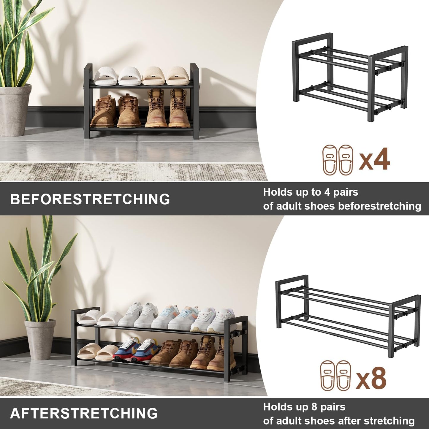 Skiennix 2-Tier Expandable Shoe Rack - Adjustable Heavy-Duty Metal Organizer for Entryway | Black