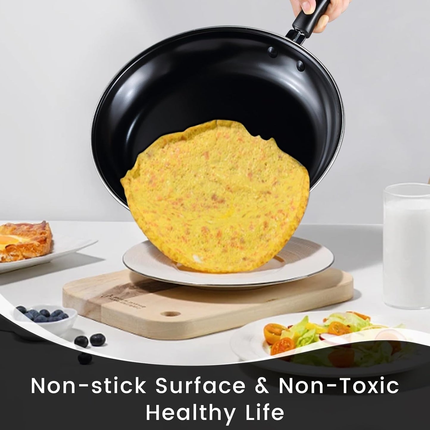Nonstick Frying Pans Set of 3 by [Brand Name] - Durable Carbon Steel with PFOA-Free Coating | Includes 2 Spatulas & 3 Sizes