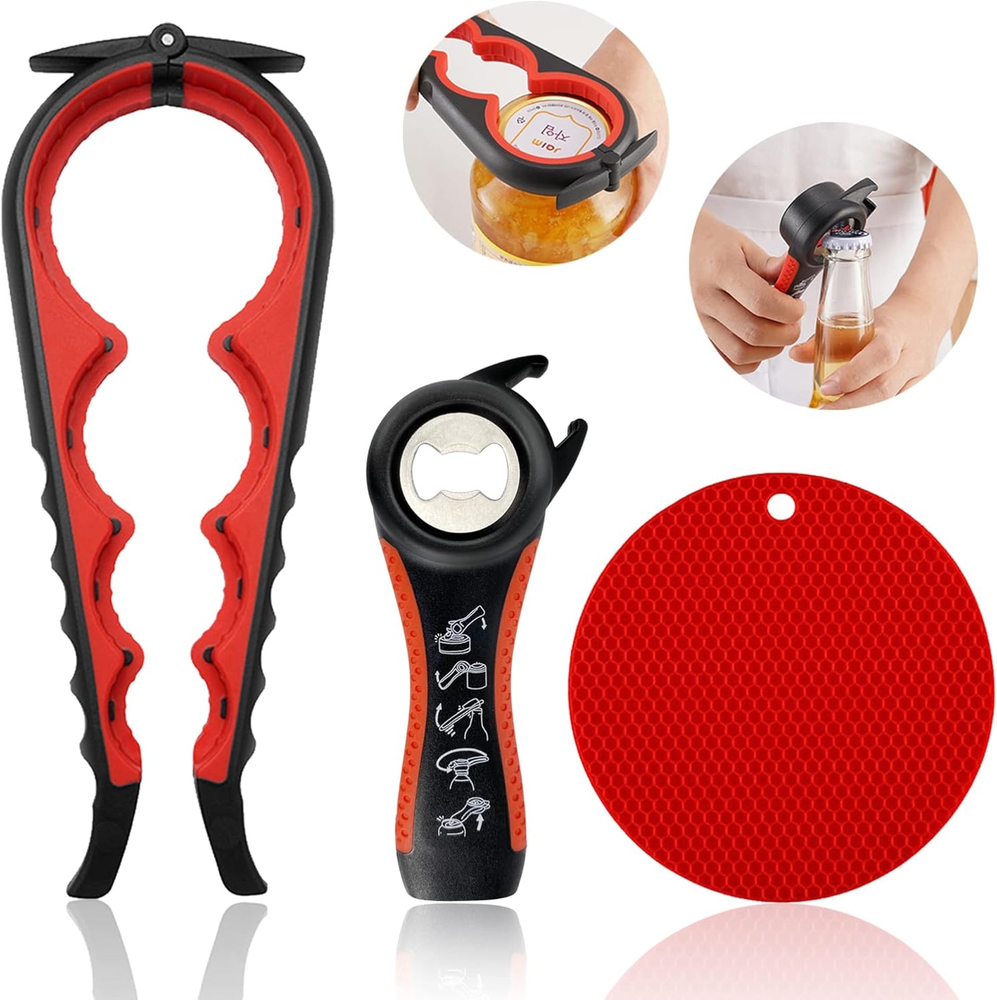 Regine Switzerland Jar Opener - 5-in-1 Multi-Function Lid Opener for Seniors with Arthritis | Non-Slip Grip Pad (Red)