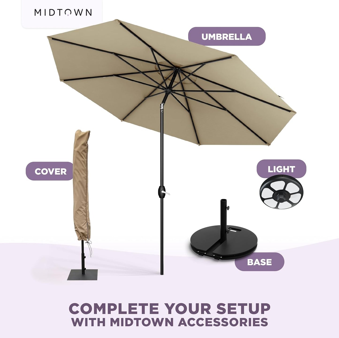 Midtown Umbrellas 9 Ft Patio Umbrella - 10-Year No-Fade Terylast Fabric, Auto-Tilt Frame | Chestnut Beige Canopy, Black Pole