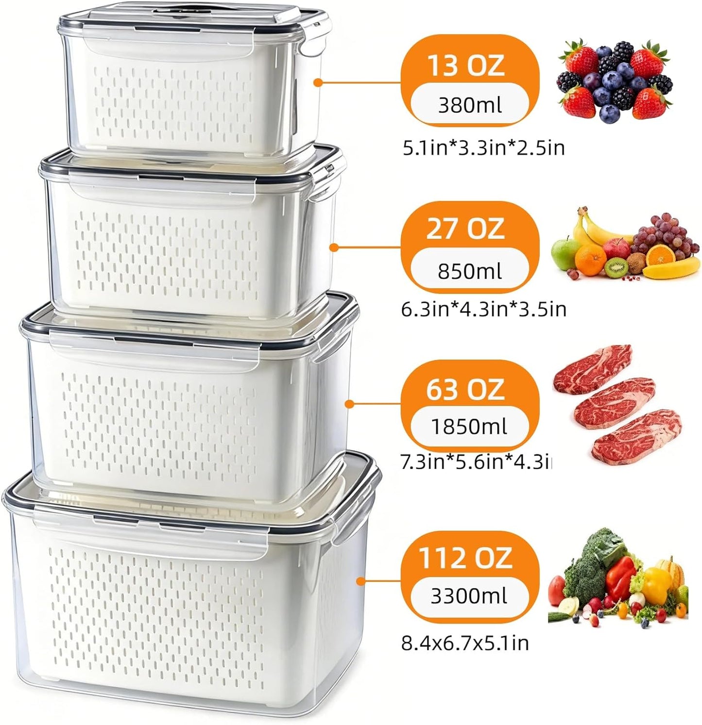 SnowSky 4PCS 2-in-1 Fruit & Veggie Fresh Box - Airtight Leak-Proof Storage with Detachable Colander & Divider