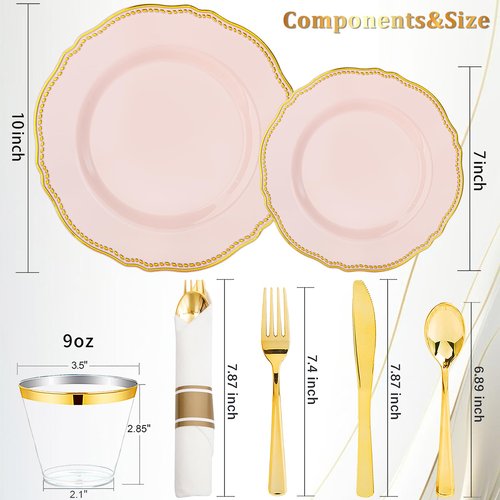 Hioasis 175pcs Pink and Gold Plastic Plates - Pink Plastic Dinnerware Set Includes 25 Dinner Plates, 25 Dessert Dinnerware, 25 Cups, 25 Napkins Perfect for Wedding & Easter