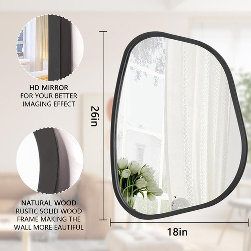 Black Asymmetrical Mirror Large 26"x18" Irregular Oval Wall Mirror Modern Wood Frame Unique Shape Wall Mounted Vanity Artistic Mirror Decorative for Living Room Bedroom Bathroom Entryway Hallway