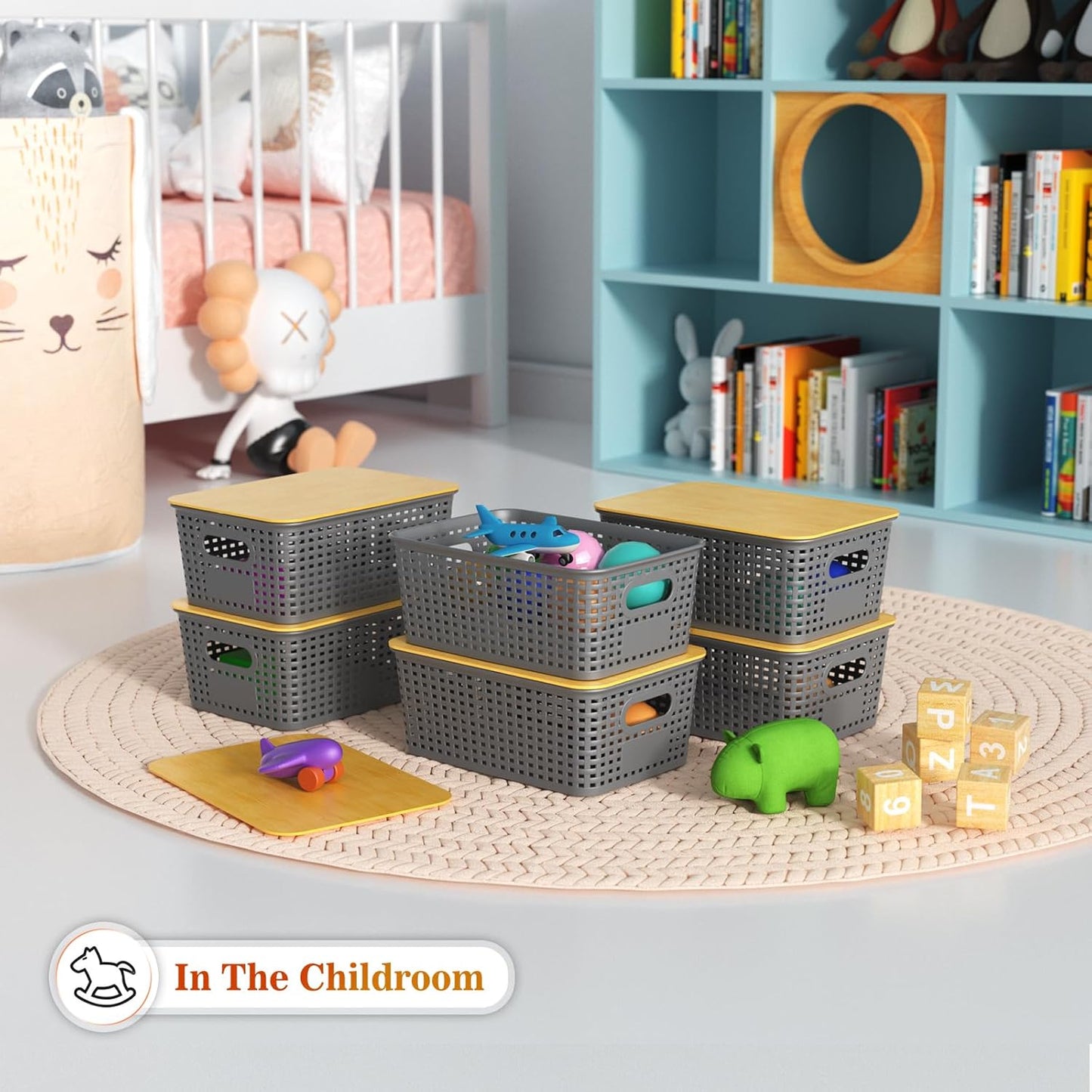 Plastic Storage Baskets With Bamboo Lid - Stackable Organizing Bins for Home & Office | 6 Pack, Gray