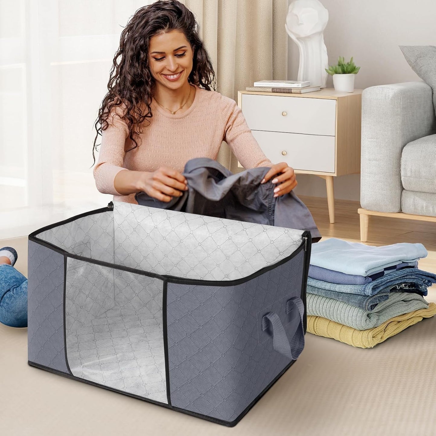 Skiennix Large Clothes Storage Bags - 4 Pack Foldable Organizers with Clear Window for Blankets & Toys | Gray