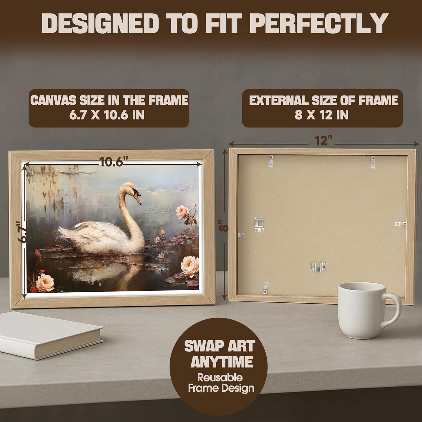TABINDEX Vintage Framed Wall Art - Rustic Swan Canvas Print for Bedroom & Living Room | 8x12 Inches