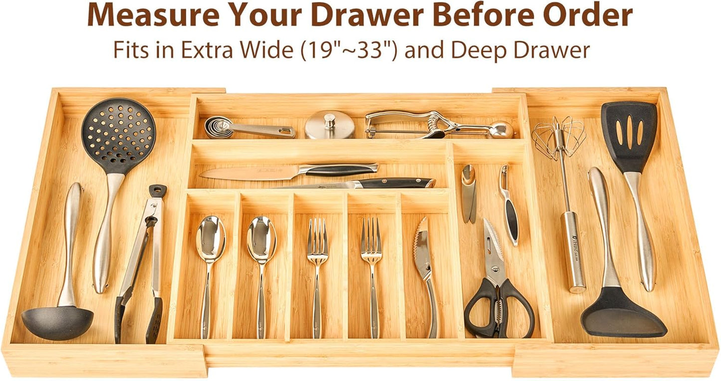 Umilife Extra Large Expandable Kitchen Utensil Drawer Organizer - Adjustable Bamboo Divider, 19" Deep