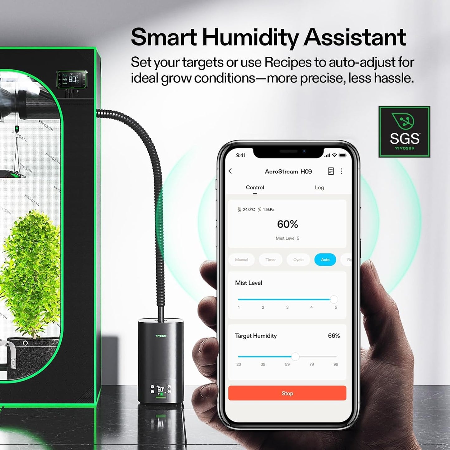 VIVOSUN AeroStream H05 Wi-Fi Humidifier - 1.32 Gal Smart Control with Temp & Humidity Probe