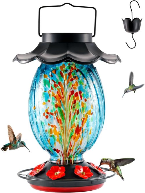HouseSapp Solar Hummingbird Feeder - 49 Fl. Oz Color Changing Glass - 7 Feeding Ports with Perch - Ideal for Outdoor Use (Blue)