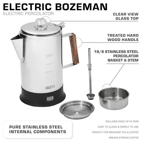 COLETTI Bozeman Electric Percolator — Percolator Coffee Pot, Coffee Percolator – [9 cup, Stainless Steel]