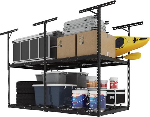 FLEXIMOUNTS 4x8 Overhead Garage Storage Rack - Adjustable Heavy-Duty Metal System | 1000 lbs Capacity, Black