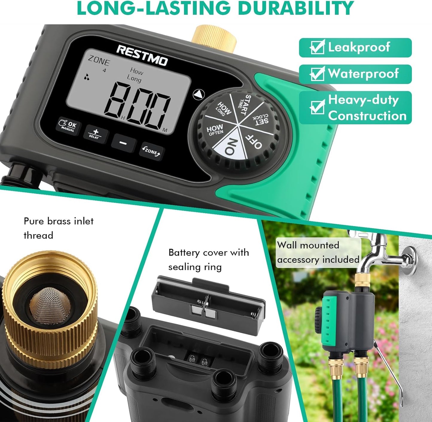 RESTMO 4-Outlet Sprinkler Timer - Programmable Digital Water Timer for Garden Hose | Brass Inlet, Rain Delay