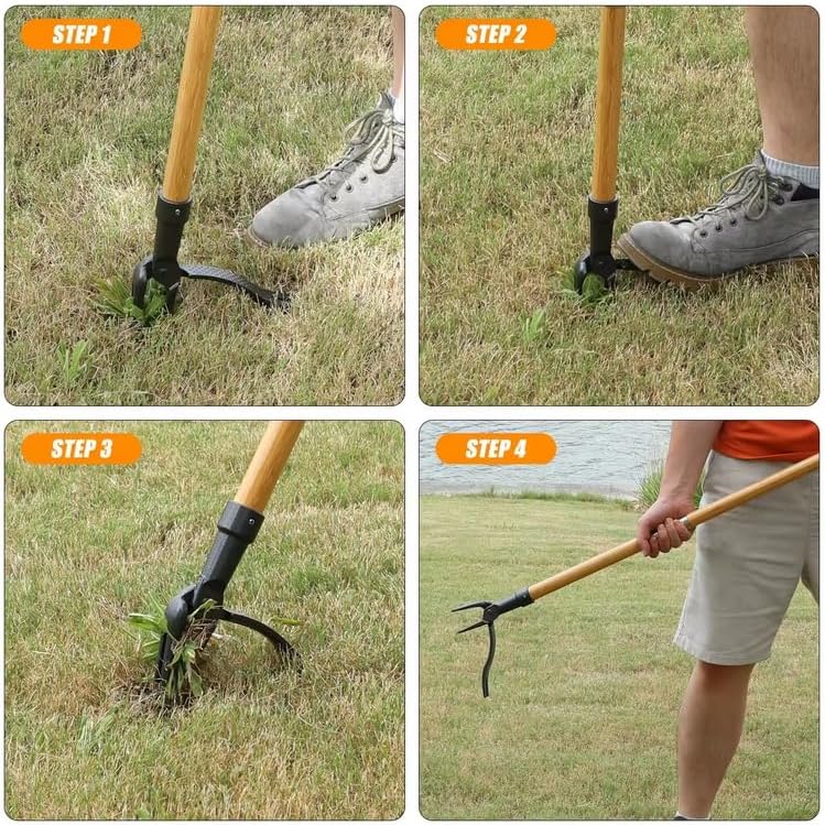 Skiennix Stand Up Weed Puller Tool - Long Handle, 4-Claw Steel Head for Easy Weeding