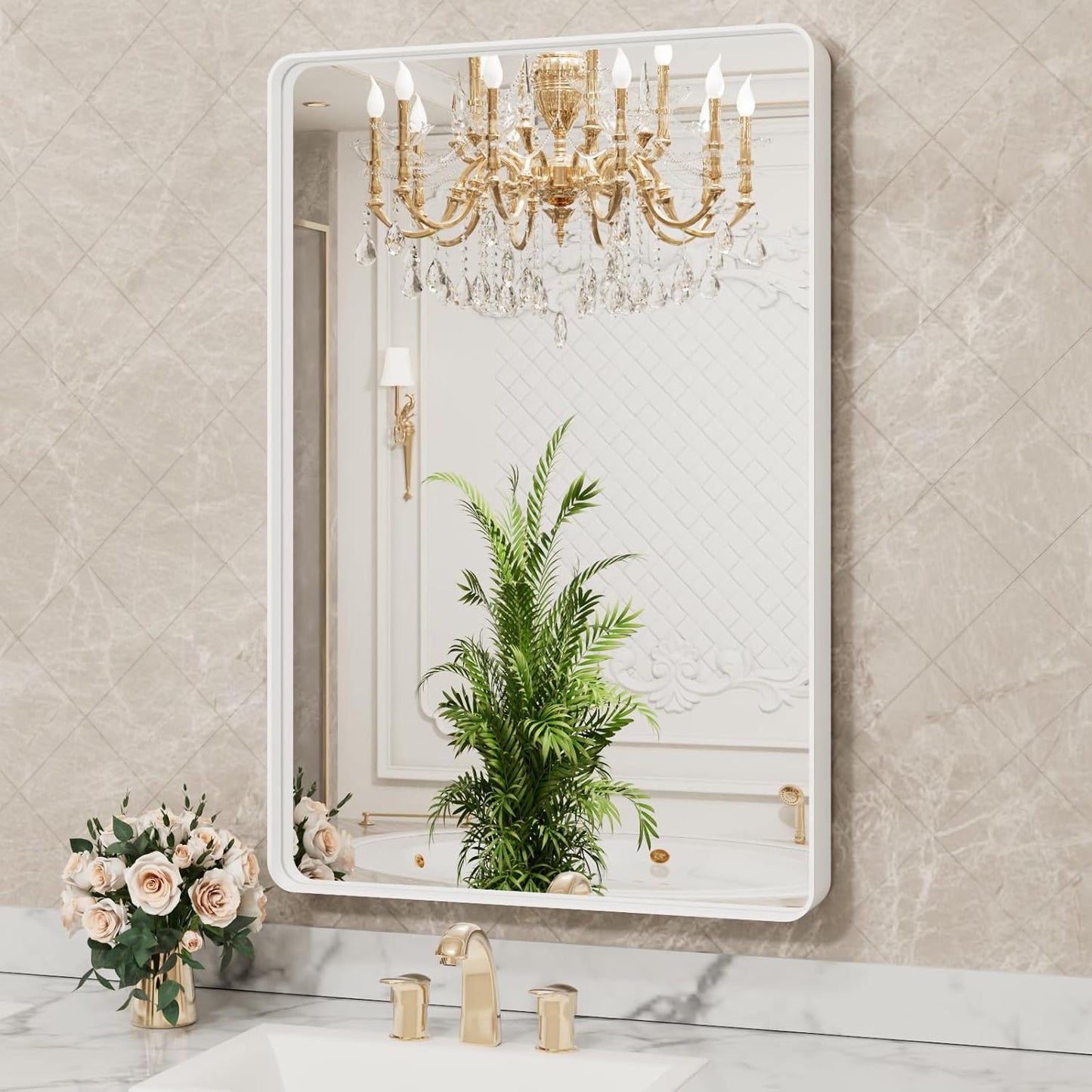 LOAAO Bathroom Mirror - 30x36 Inch White Metal Framed Vanity Mirror | Large Rounded Rectangle, Anti-Rust Tempered Glass, Versatile Hanging Options