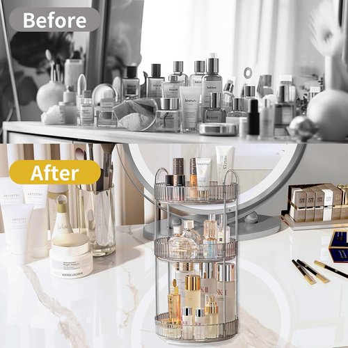 Asayuee 360 Rotating Makeup Organizer - Large 3-Tier Storage for Bathroom & Cosmetics | Grey