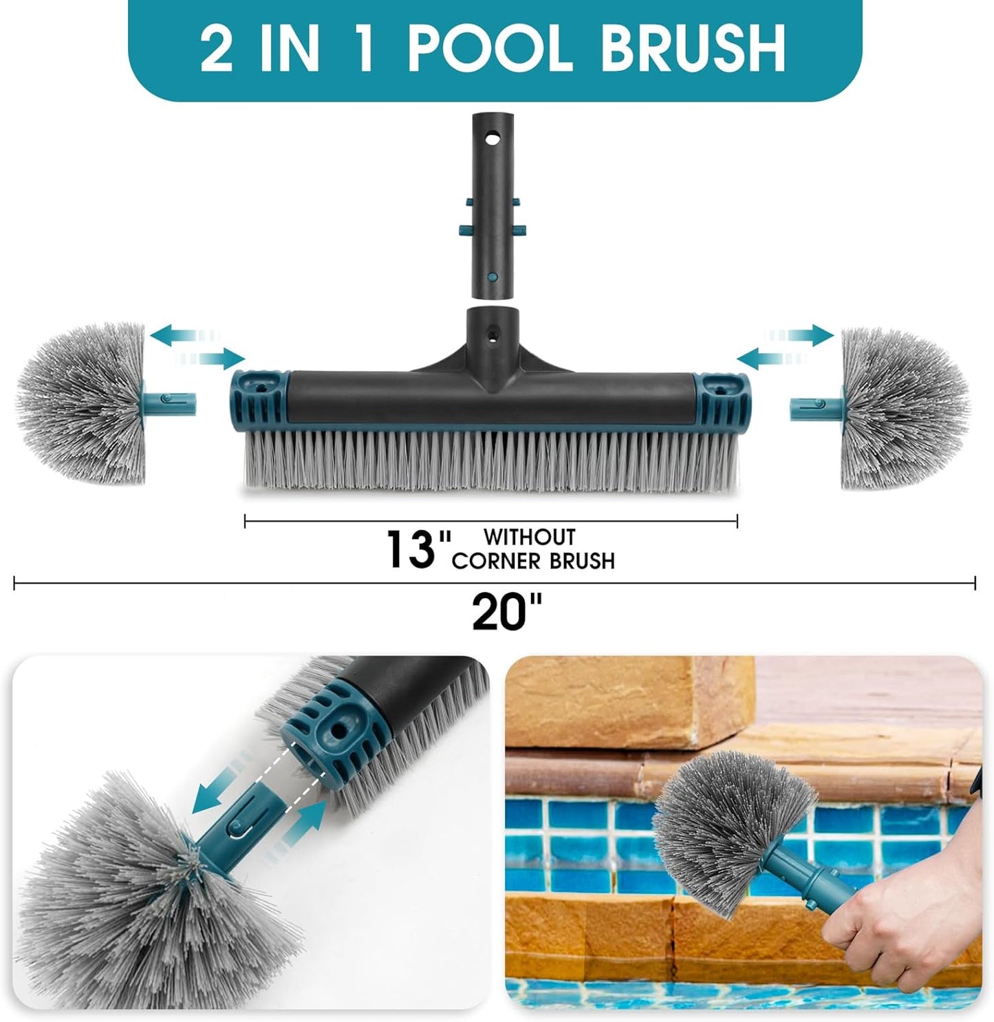 POOLWHALE 17.5" Pool Net - Durable Design with 20" Pool Brush for Easy Cleaning