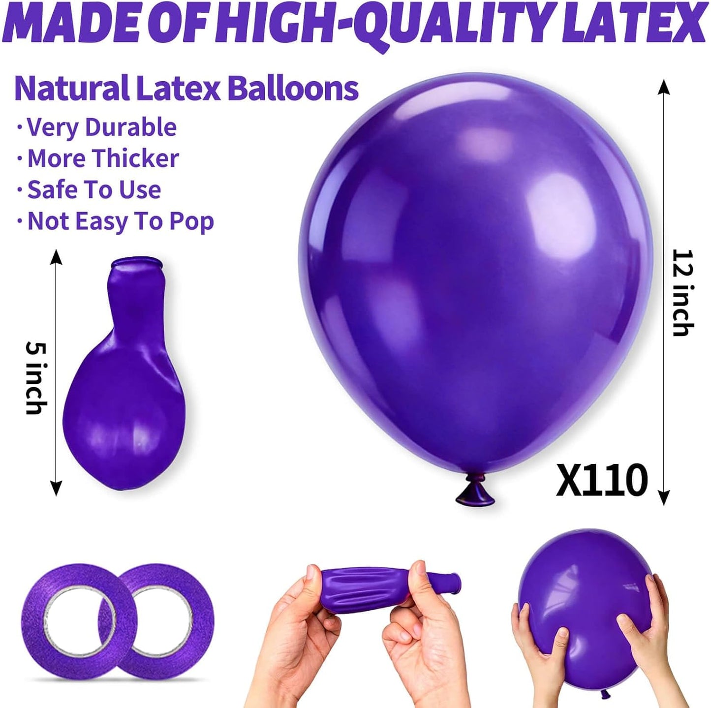 Purple Latex Balloons - 12 Inch, 110pcs for Birthday Party, Baby Shower & Wedding | Includes 2 Ribbons