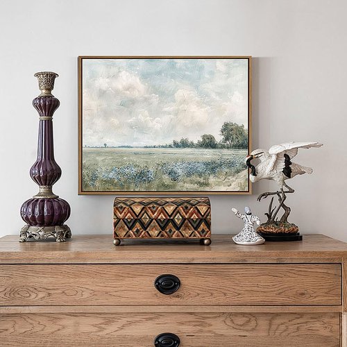 Framed Vintage Landscape Wall Art - Vast Grassland Field Canvas Print | Rustic Wildflower Oil Painting, 8"x10"