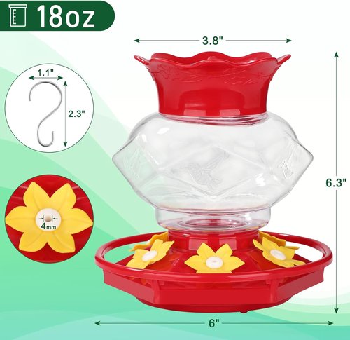 Fchstaer Hummingbird Feeder - 18oz Outdoor Hanging Design with 6 Feeding Ports & Ant Moat | Perfect Garden Decor Gift