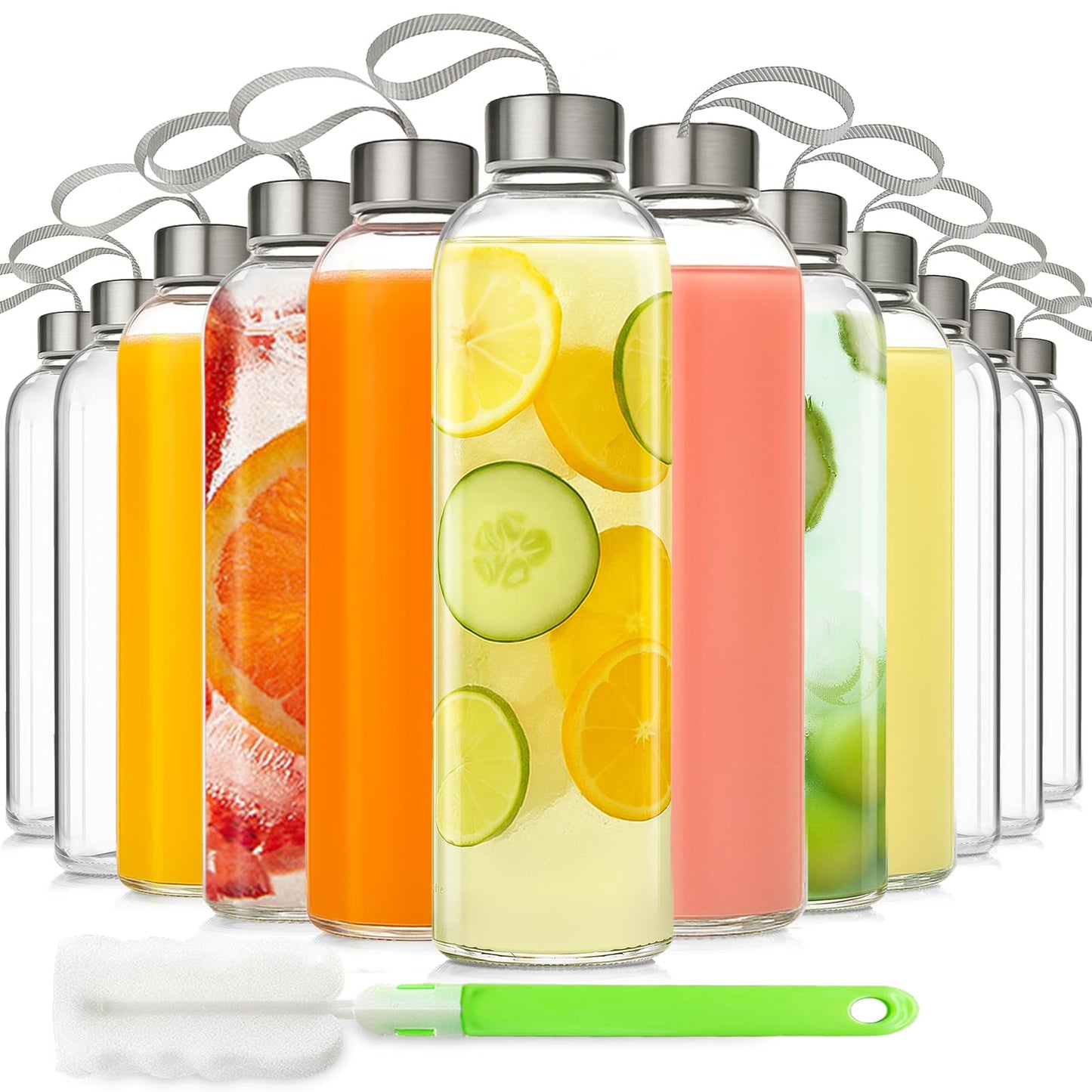 UPBUD 12 Pack 18oz Glass Bottles with Lids Carry Strap for Juicing, Reusable Clear Glass Water Bottle with Stainless Steel Airtight Cap for Refrigerator, 100% Leak Proof, BPA Free Drinking Jar