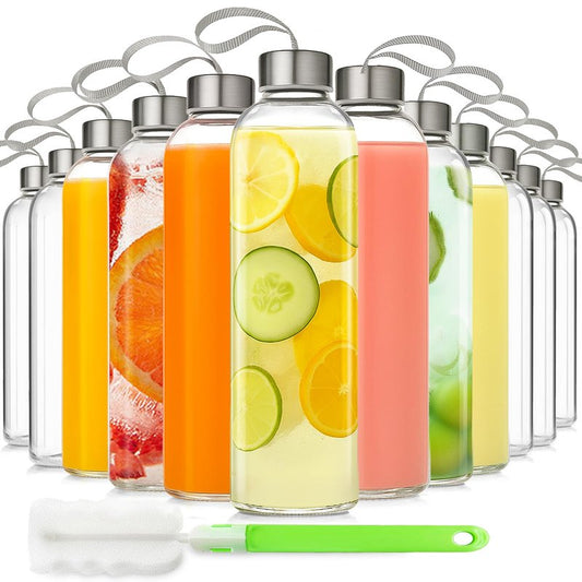 UPBUD 12 Pack 18oz Glass Bottles with Lids Carry Strap for Juicing, Reusable Clear Glass Water Bottle with Stainless Steel Airtight Cap for Refrigerator, 100% Leak Proof, BPA Free Drinking Jar