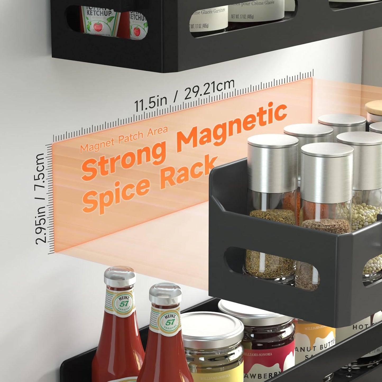 Sevenblue Magnetic Spice Rack - 4 Pack Strong Magnetic Shelf with Hooks for Kitchen & Bathroom Organization - Black