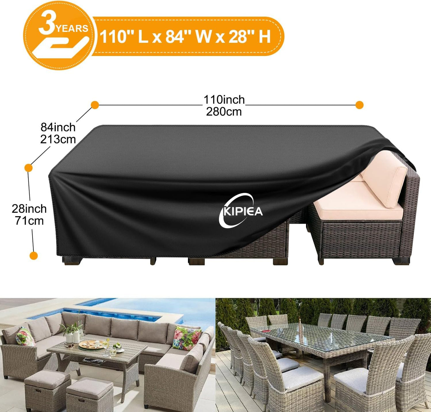 Kipiea Waterproof Patio Furniture Covers - Heavy-Duty Protection for Outdoor Sets | 110" L x 84" W x 28" H
