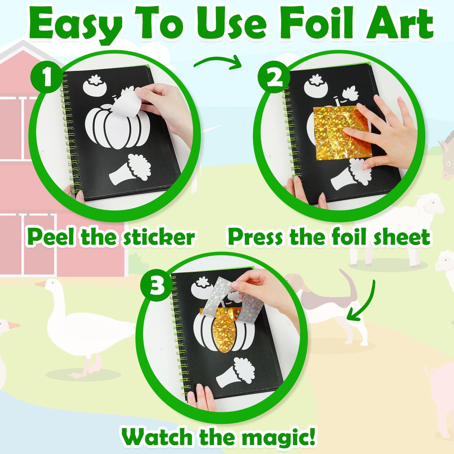 FUNNYB&G Foil Art Craft Kit for Girls 4-10 Years Old: Mess-Free & No-Glue, Create 16 Sparkly Farm Pictures – Perfect Travel Toy & Birthday Gift for Kids（Farm